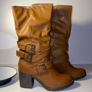 MIA Gareth Strappy Moto Slip-On Block Heel Boots Size 9 Faux Leather NIB